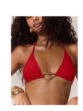 Women’s Red Triangle Bikini Top with Gold Ring Detail